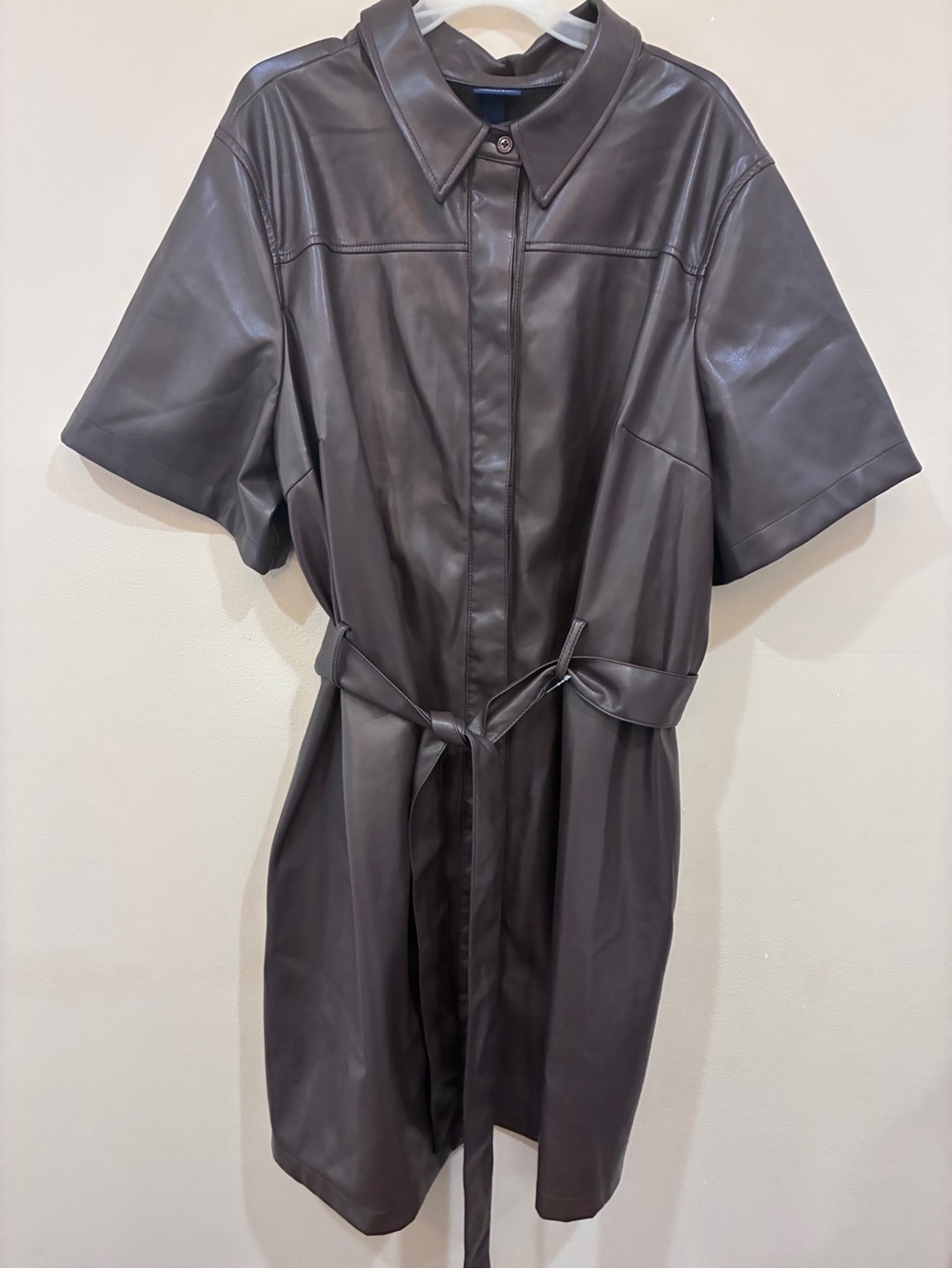 Vegan Leather Shirt Dress with Belt -‎ Brown